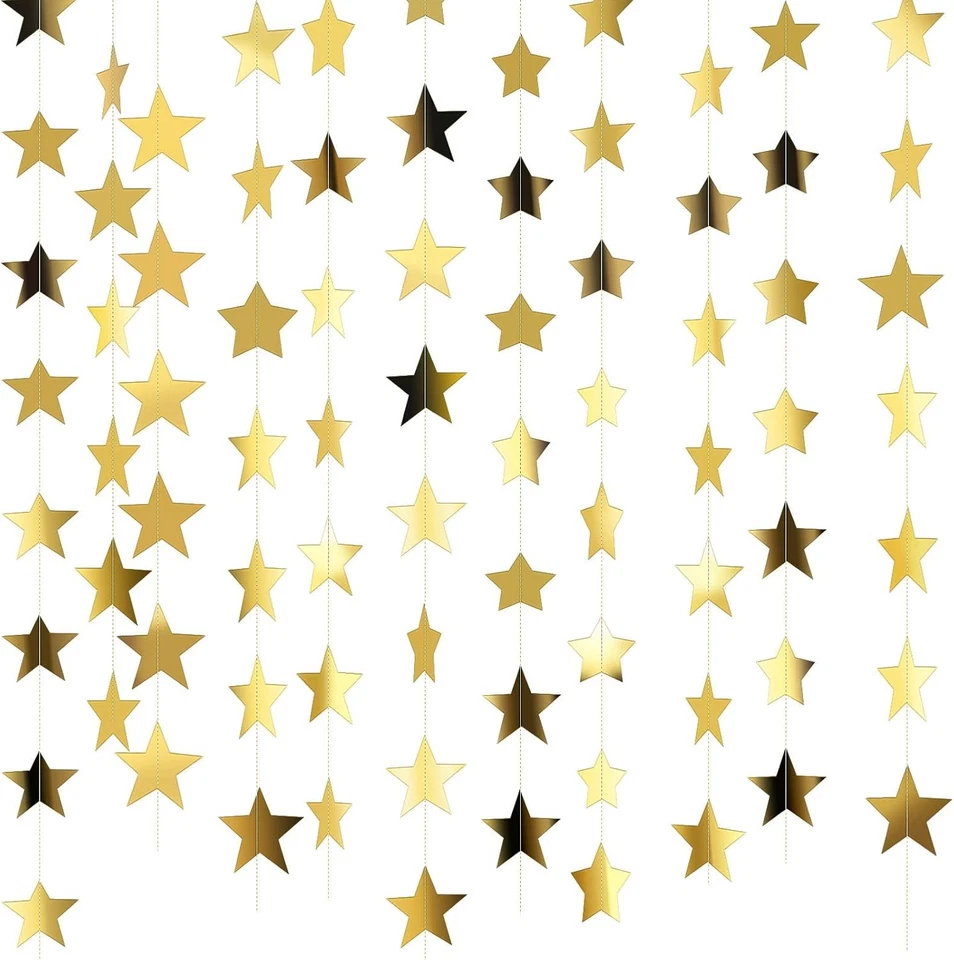 Patelai 130 Feet Golden Glitter Star Paper Garland Hanging Set of a Gold