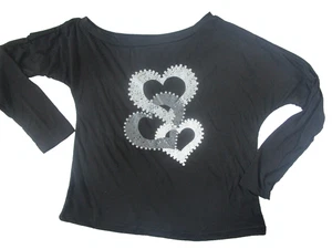 Emery Rose Women’s Size M T-Shirt  Sleeve Black W/ Hearts Knit Off One Shoulder - Picture 1 of 6