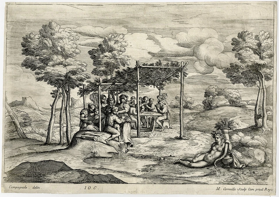 Antigua impresión maestra-REVELRY-CORNUCOPIA-ABUNDANCIA-Campagnola-Corneille-ca. 1640 Foto 1 de 1