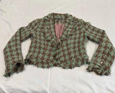 Blazer deshilachado dobladillo crudo tweed verde marrón metálico por True Meaning forrado talla 10 Foto 1 de 4