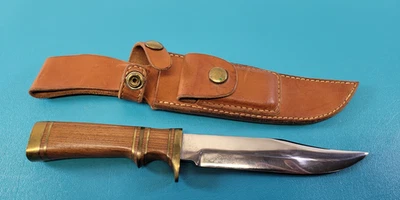 Faca de combate vintage Bowie cabo de madeira bronze + bainha de couro pedra TR525 - Imagem 1 de 4