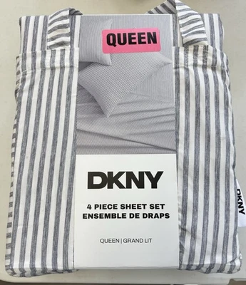 DKNY 4 Piece Sheet Set QUEEN White/Gray Striped Wrinkle Resistant 100% Polyester - Image 1 of 3