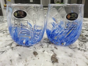 Murano White Crystal Blue Confetti Glass Stemless Wine Tumblers Hand Made Italy - Picture 1 of 4