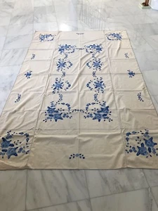 100x64 Rare hand made patchwork on linen Antique vintage Tablecover - Picture 1 of 8