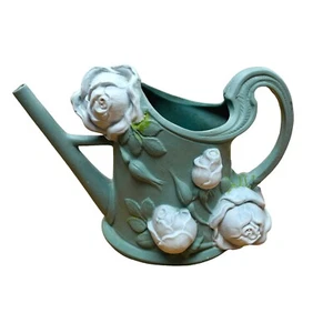 Antique Schafer Vater Jasperware Watering Can Spill Vase Green with White Roses - Picture 1 of 10