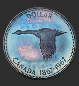 1967 Canada Silver Dollar PCGS PL64 Proof Blue Color Toned Goose Great Toning - Picture 1 of 5