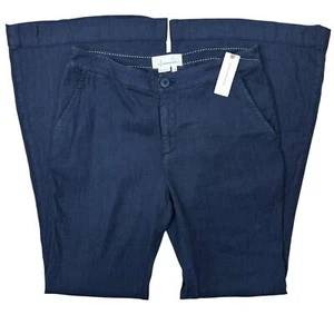 NWT Anthropologie Linen Blend Pants Trousers Size 8 Flared Navy Blue Mid Rise - Picture 1 of 13