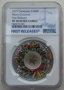 NGC PF70 Cameroon 2019 Merry Christmas Color Silver Coin 28.28g 1000 Francs COA - Picture 1 of 8