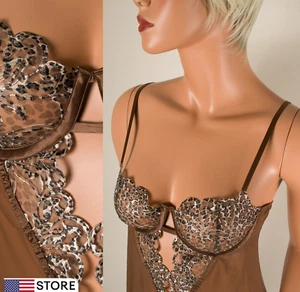 💖 VICTORIA'S SECRET Copper Brown Sheer Babydoll Animal Print Underwire Bra 34B - Picture 1 of 9