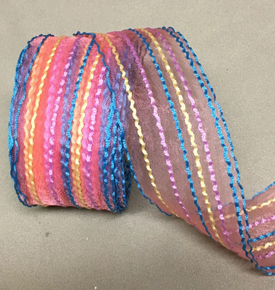 10 Yds. SATIN SPRING WAVEY STRIPES SHEER RIBBON 1 1/2" w - Image 1 of 1