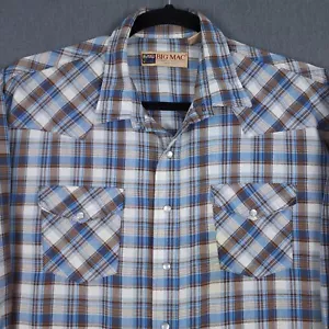 Vintage Big Mac Western Pearl Snap Mens 2XL Brown Blue Plaid Long Sleeve USA XXL - Picture 1 of 9