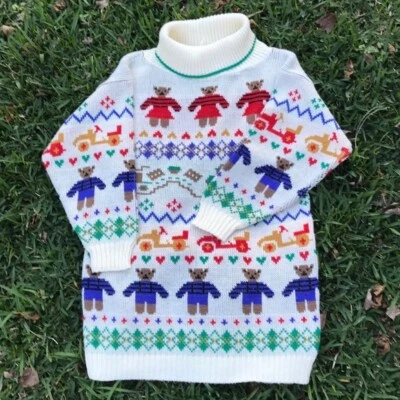 Vintage Gino Calini Long Acrylic Wool Sweater with Teddy Bears and Trains - Image 1 of 4