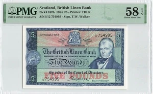 SCOTLAND 5 Pounds 1964, P-167b British Linen Bank, PMG 58 EPQ Choice aUNC, Rare - Picture 1 of 2