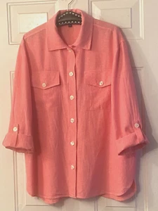 Jones New York Sz M Womens Linen Blend Shirt Button Up Pink Roll Up 3/4 Sleeve - Picture 1 of 9