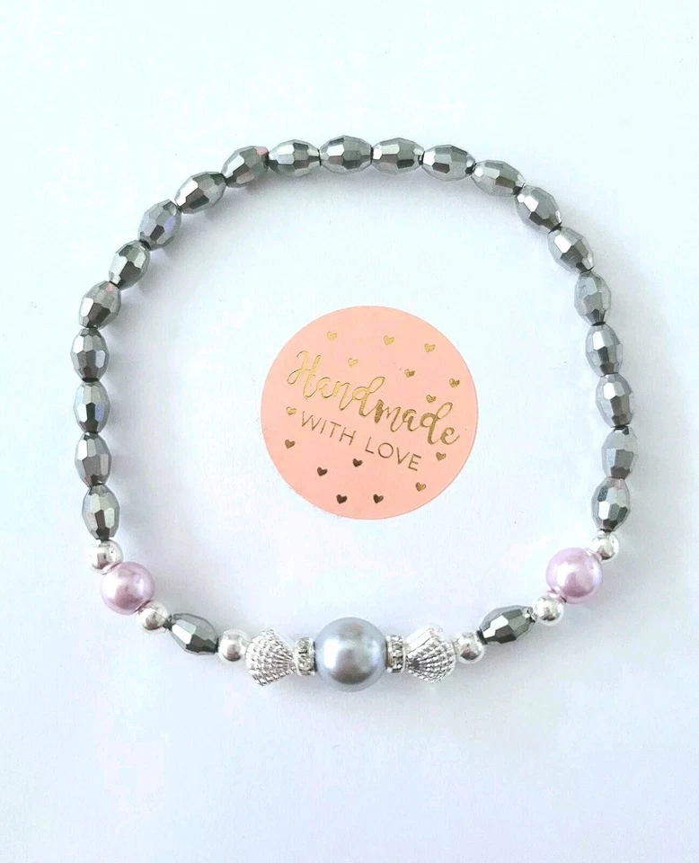 Sylvie's Kristall Armband grau rosa silber Muschel Straß 18cm Handmade/0911 - Bild 1 von 1