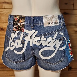 Ed Hardy Women's Fire Skull Denim Cut Off Shorts Size Small - Picture 1 of 12