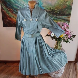 1950's Alfred Shaheen Hawaiian Asian Linen-Rayon Fit & Flare Box Pleat Dress 14 - Picture 1 of 15