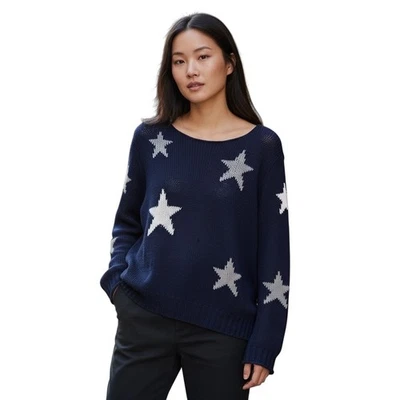 Wooden Ships Navy Blue Star Knit Sweater Crew Neck Long Sleeve Casual Size M/L - Image 1 of 4