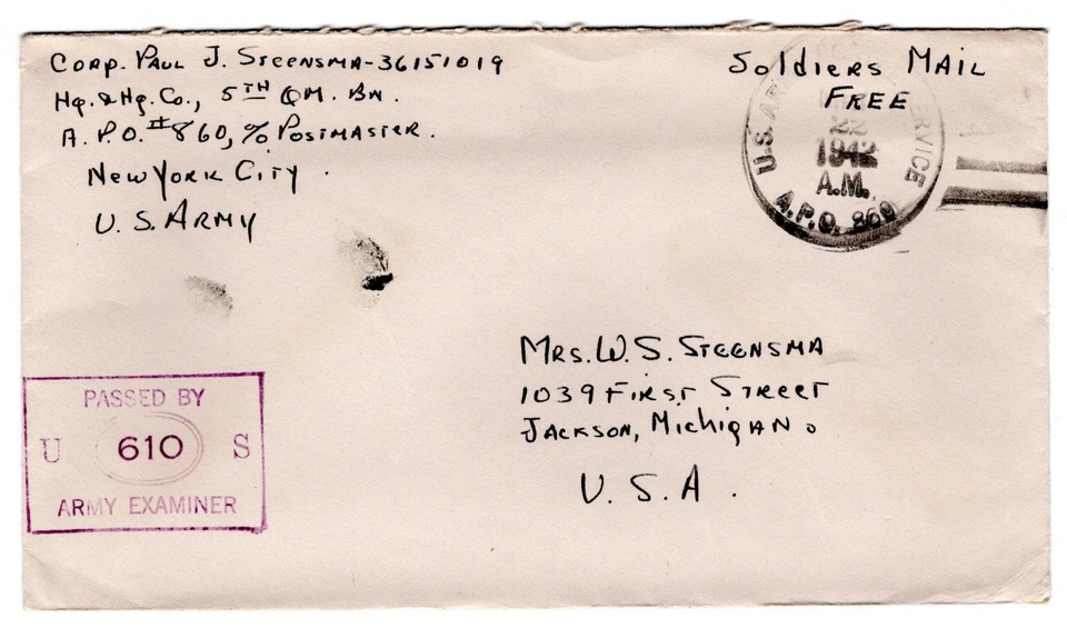 WWII 1942  APO 860 ICELAND cover 5th Infantry Division Censored - Image 1 of 1