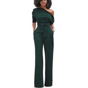 Women's Casual One Shoulder Solid Color Short Sleeve Wide Leg Long Pants - Picture 1 of 4