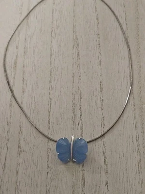 Blue Jade carved Butterfly sterling silver Pendant Omega chain Necklace QVC GSJ - Image 1 of 4
