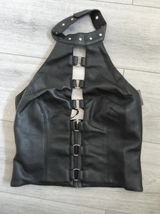 BNWT Vintage Ann Summers Insinuate Black Faux Leather Choker Neck Top Sze 10-12 - Picture 1 of 24