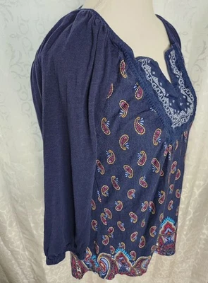 Blusa Top Talla M DE COLECCIÓN AMÉRICA Manga 3/4 Campesina BOHO Azul Paisley Bordada Foto 1 de 4