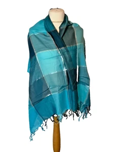 Sparkly Blue & Silver Check Scarf / Wrap / Shawl - Picture 1 of 5
