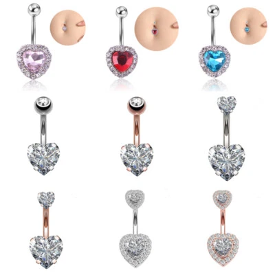 2X Steel Belly Button Ring Heart Style Crystal Piercing Navel Sexy Body Jewelry∂ - Image 1 of 4