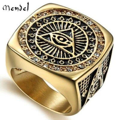 Anillo cuadrado MENDEL chapado en oro para hombre Illuminati masónico ojo que todo lo ve talla 7-13 Foto 1 de 4