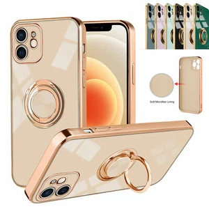 For iPhone 15 Pro Max 14 13 12 11 X 8 7 SE Electroplate Magnet Finger Ring Case - Picture 1 of 11