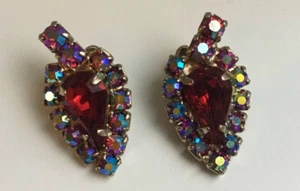Vintage Teardrop Shape Earrings & Multi Color Rhinestones Jewelry Gold Tone - Picture 1 of 12