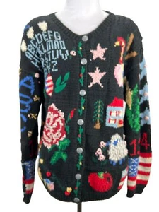 Eagles Eye Cardigan Sweater Small Allover Teacher School Vintage 90s Hand Knit - Picture 1 of 10