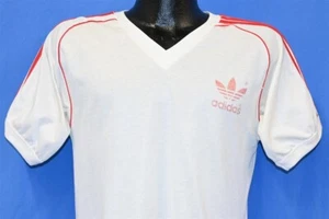 vtg 80s ADIDAS JERSEY TREFOIL LOGO 3 STRIPE WHITE RED V-NECK RINGER t-shirt M - Picture 1 of 5