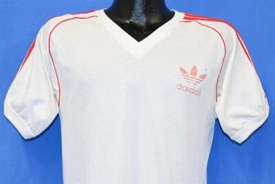 vtg 80s ADIDAS JERSEY TREFOIL LOGO 3 STRIPE WHITE RED V-NECK RINGER t-shirt M - Image 1 of 4