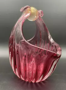 Vintage Alfredo Barbini handgefertigter Murano Kunst Glas Korb Preiselbeere & Gold 6,5" EUC - Bild 1 von 7