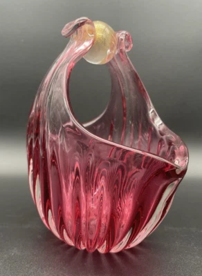 Vintage Alfredo Barbini handgefertigter Murano Kunst Glas Korb Preiselbeere & Gold 6,5" EUC - Bild 1 von 4