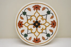 18" Round white colorful Floral Inlay Marble Table – Handmade Geometric Art - Picture 1 of 12