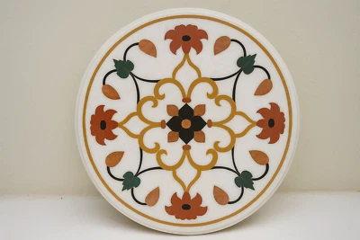 18" Round white colorful Floral Inlay Marble Table  – Handmade Geometric Art - Image 1 of 4