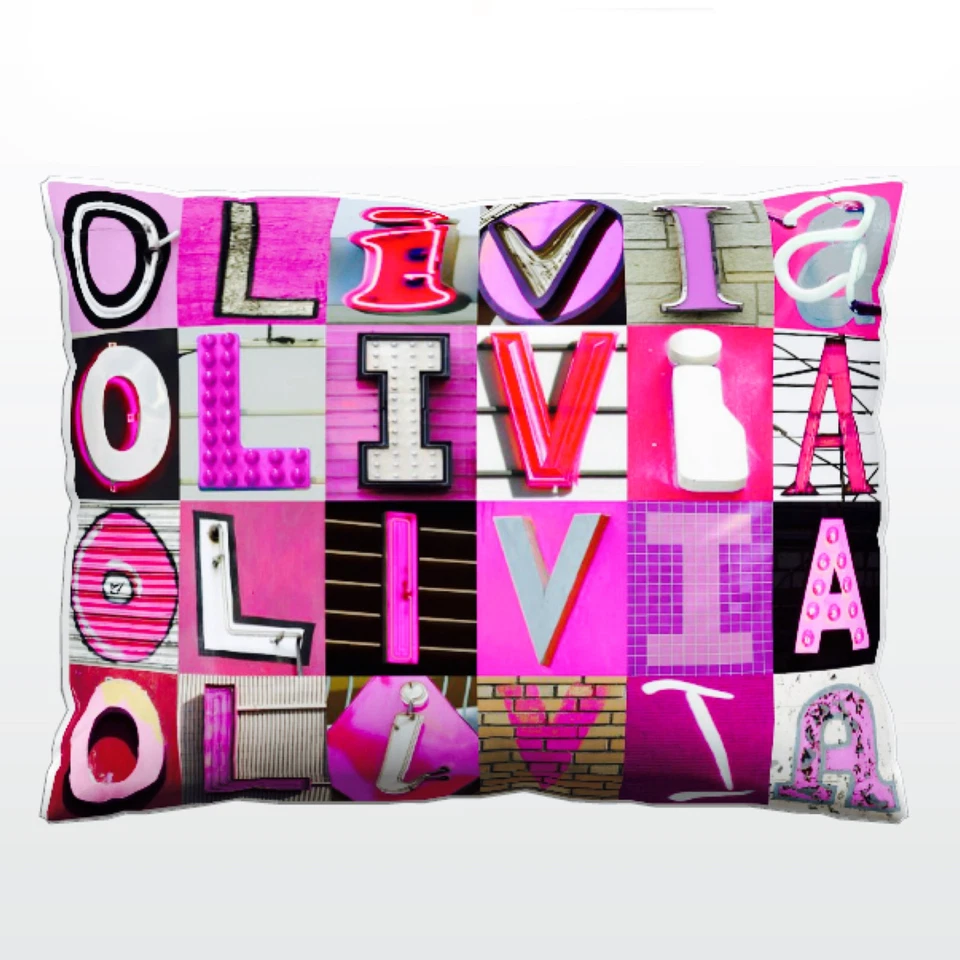 Personalized Pillow featuring the name OLIVIA in photos of PINK sign letters - Image 1 of 1