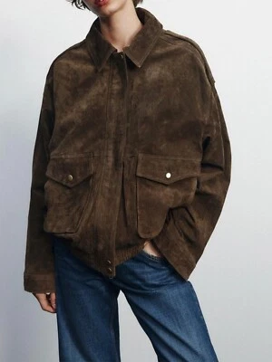 Chaqueta de bombardero de cuero de gamuza marrón 100 % chaqueta de cuero de gamuza real para mujer Foto 1 de 4