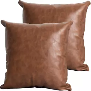 Set of 2 Artificial Leather Pillow Cases 18x18 Inch Brown Decorative Throw Cover - Picture 1 of 12