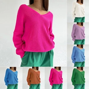 Women's Knitted V-Neck Sweater Solid Color Long Sleeves Casual and Comfortable - Picture 1 of 27