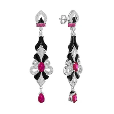 18K White Gold Natural Ruby Onyx Diamond Art Deco Style Drop Earrings  - Image 1 of 4