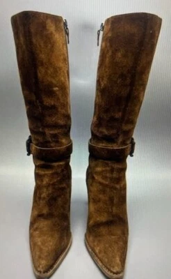 Auténtica bota Gucci marrón gamuza media pantorrilla tacón medio con hebilla talla 6 Foto 1 de 4