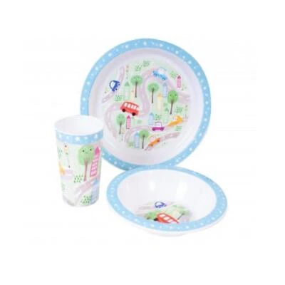 Kinder 3 Teile Dinner Frühstück Set Tasse Schüssel Teller - Blau / Stadt - Bild 1 von 2
