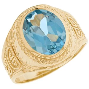 10k or 14k Gold Simulated Aquamarine Greek Design March Birthstone Mens Ring - Picture 1 of 5