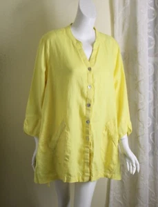 Multiples Sz XL Bright Yellow 100% Linen A-Line Lagenlook Funky Art Jacket - Picture 1 of 4