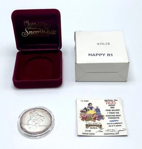 Disney Snow White .999 Fine Silver Bullion Coin 1987 Happy Capsule Box COA 50th - Picture 1 of 5