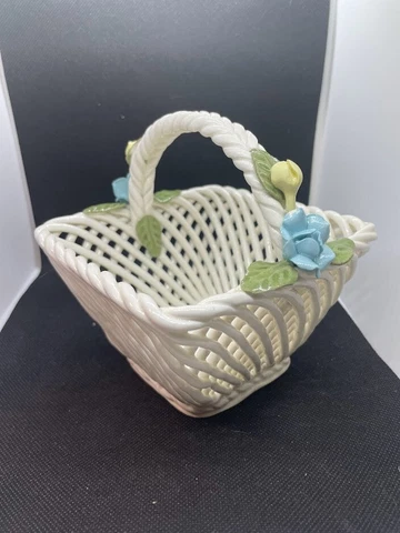 White Ceramic Woven Basket Blue and Yellow Applied Flowers Exito Made in Mexico Cover